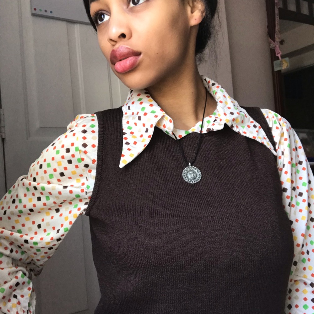 Earthy Tone 70s Dagger Collar Blouse - Picture 1 of 3